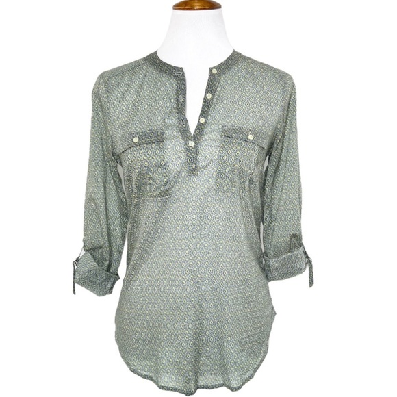Anthropopogie Blue & Yellow Ikat Geometric Diamond Printed Roll Tab Sleeve Tunic - Picture 1 of 12